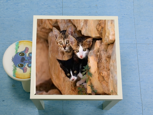 table d'appoint Three cute kittens in a wall hole