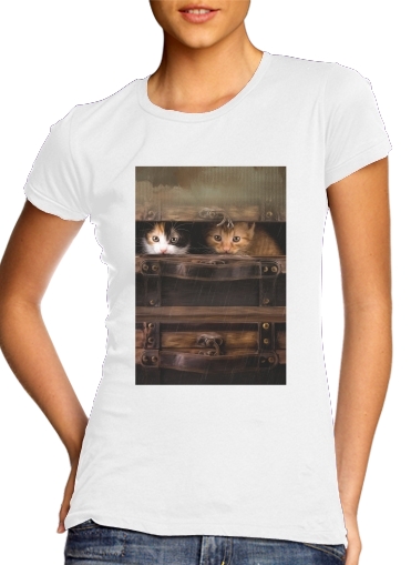 Tshirt Little cute kitten in an old wooden case femme