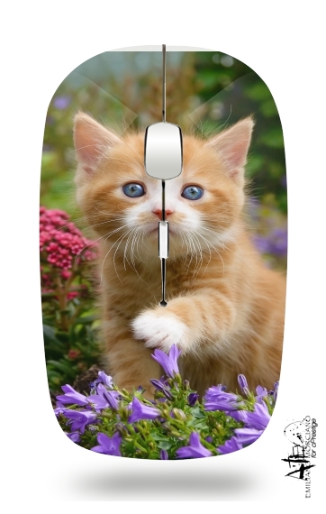 Mouse Cute ginger kitten in a flowery garden, lovely and enchanting cat 