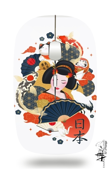 Japanese geisha surrounded with colorful carps