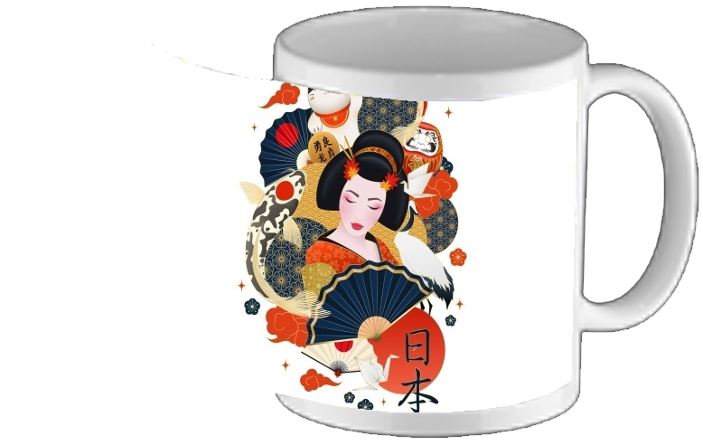 Mug Japanese geisha surrounded with colorful carps 