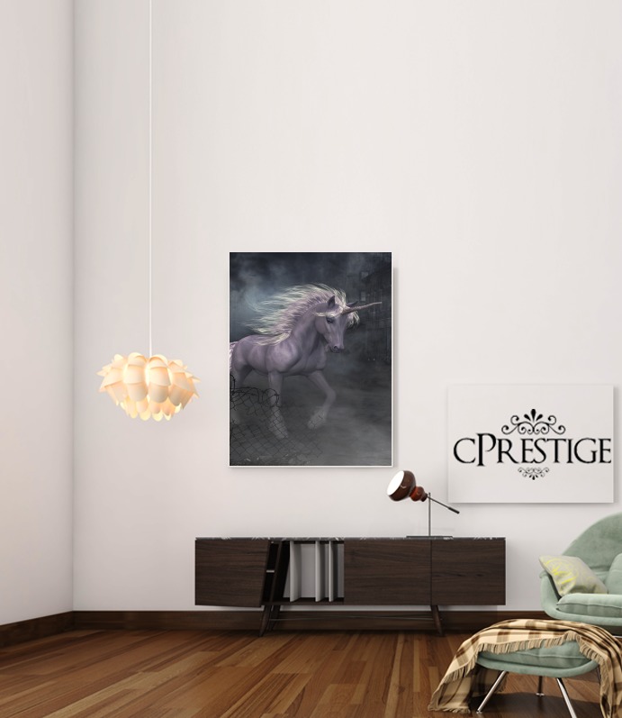 Poster A dreamlike Unicorn walking through a destroyed city 
