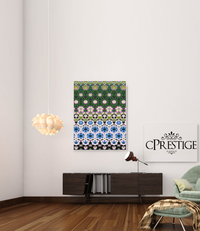 Canvas Abstract ethnic floral stripe pattern white blue green 