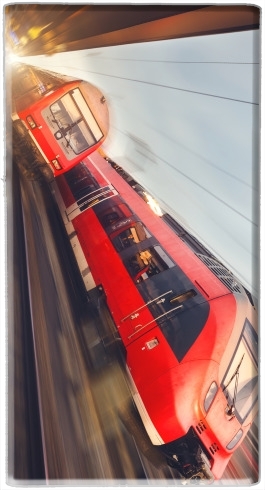 portatile Treni passeggeri rossi ad alta velocità moderni al tramonto. stazione ferroviaria 