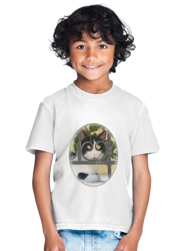 tshirt enfant Cat with spectacles frame, she looks through a wrought iron fence