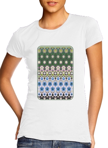 Tshirt Abstract ethnic floral stripe pattern white blue green femme