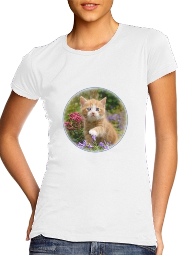 Tshirt Cute ginger kitten in a flowery garden, lovely and enchanting cat femme