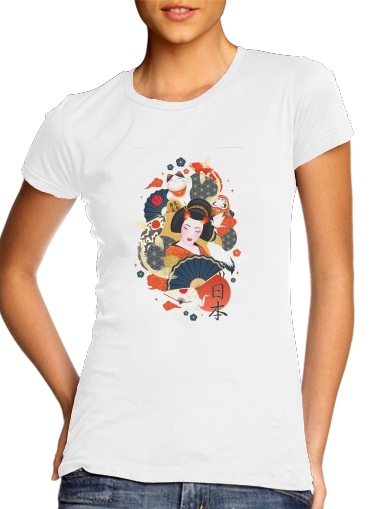 Tshirt Japanese geisha surrounded with colorful carps femme