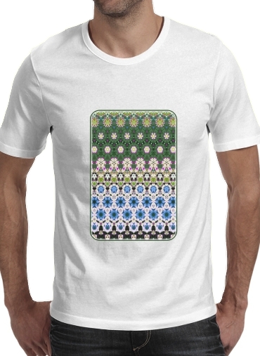Tshirt Abstract ethnic floral stripe pattern white blue green homme