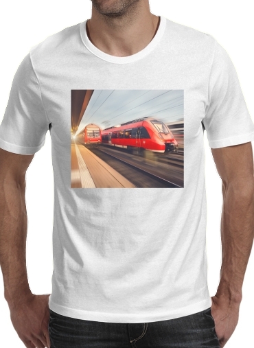 Tshirt Treni passeggeri rossi ad alta velocità moderni al tramonto. stazione ferroviaria homme